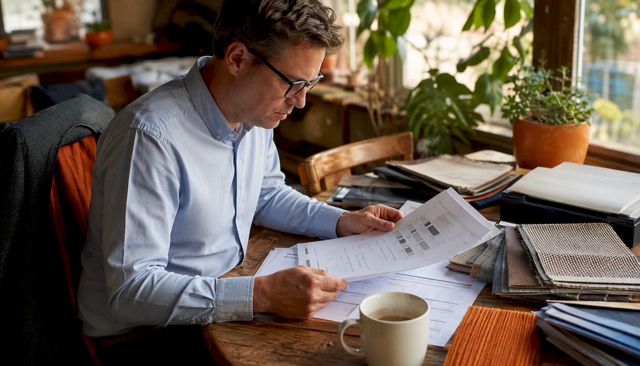 Procurement manager reviewing upholstery specs