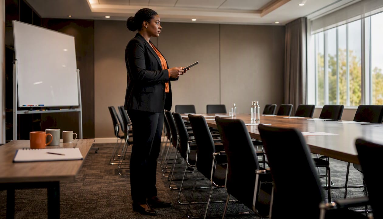 UK office conference room with black stackable chairs