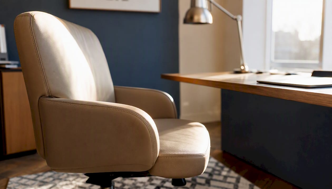 Close-up of cream leather office chair details
