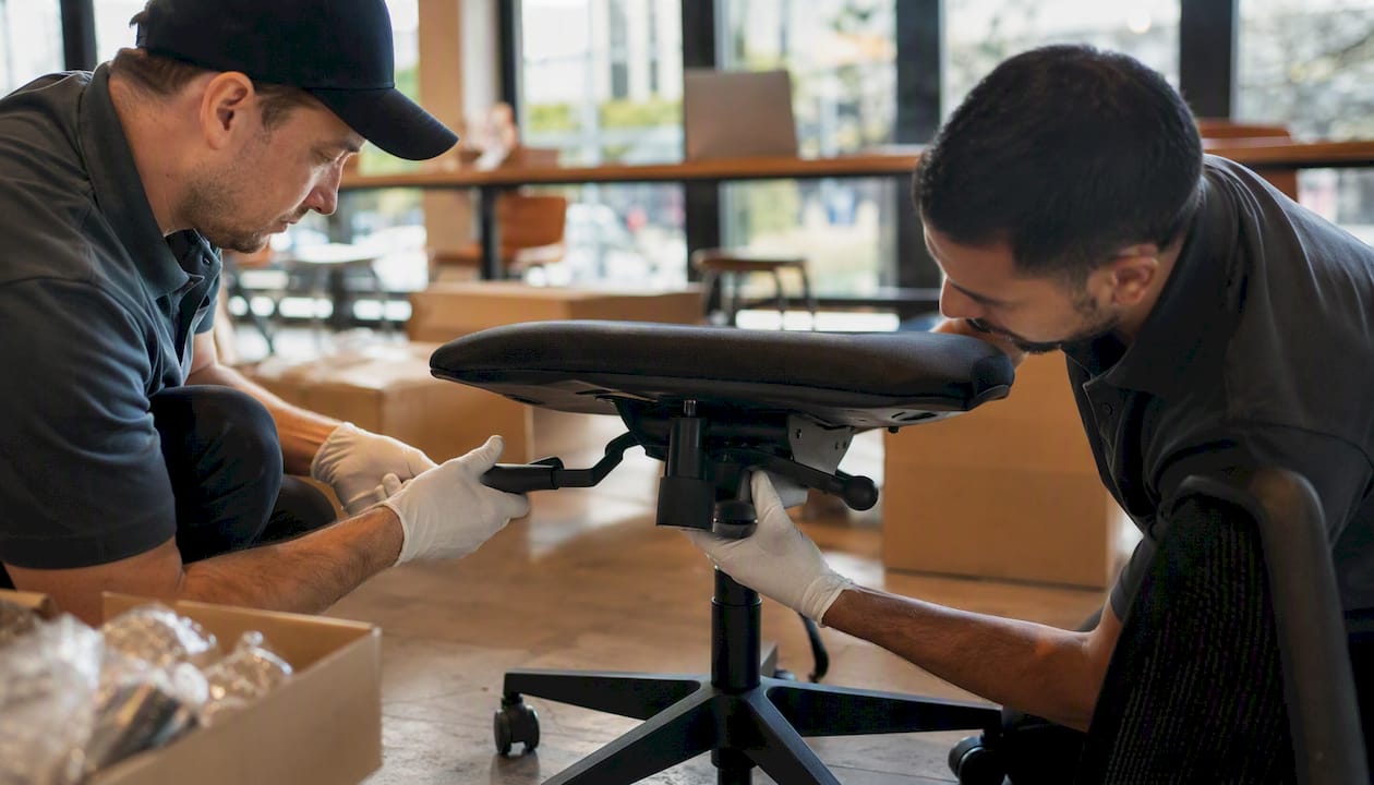 Hands assembling office chair frame