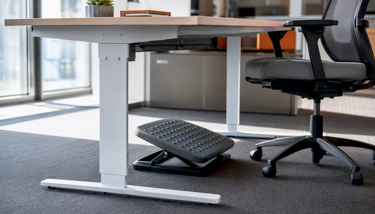 Under-desk footrest in office setting