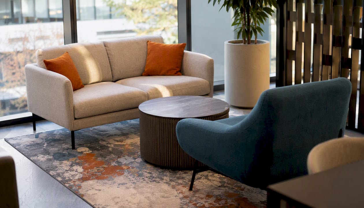 Office breakout seating close-up with sofa and chair