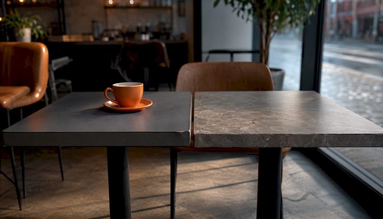 Close-up of café tabletops materials