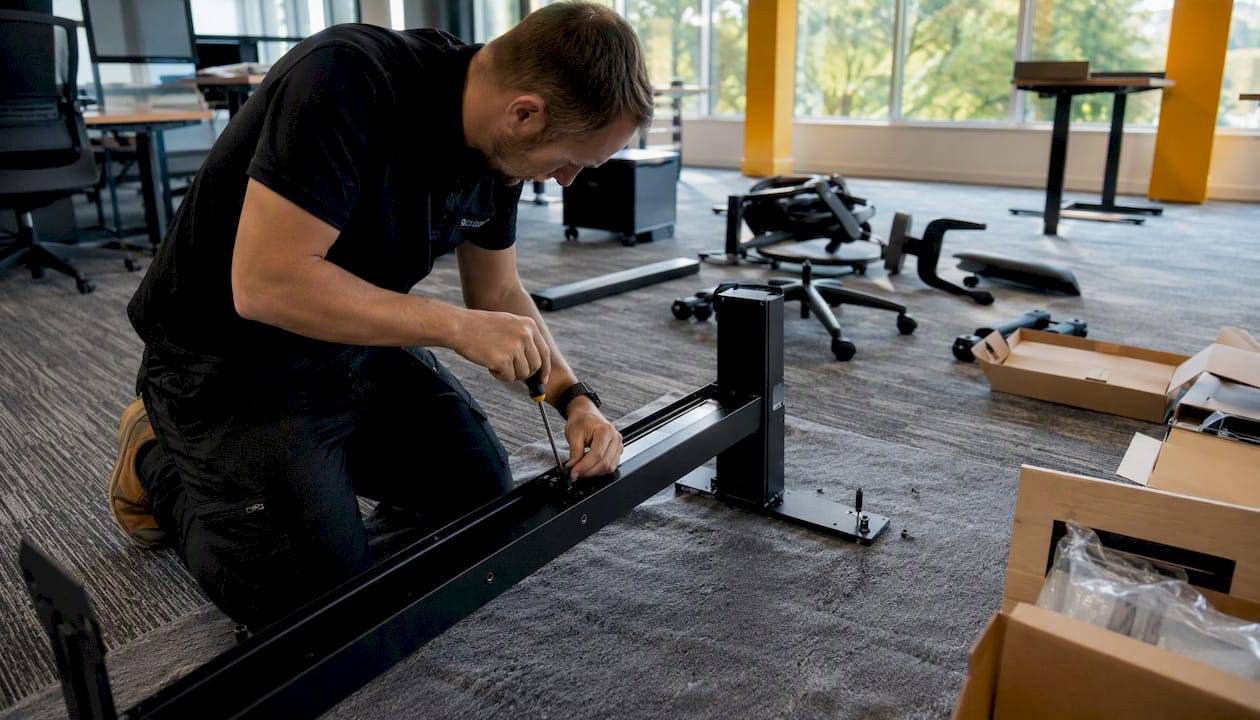 Delivery technician assembling office furniture
