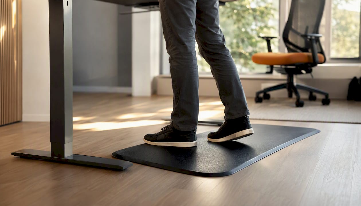 Feet on anti-fatigue mat at standing desk