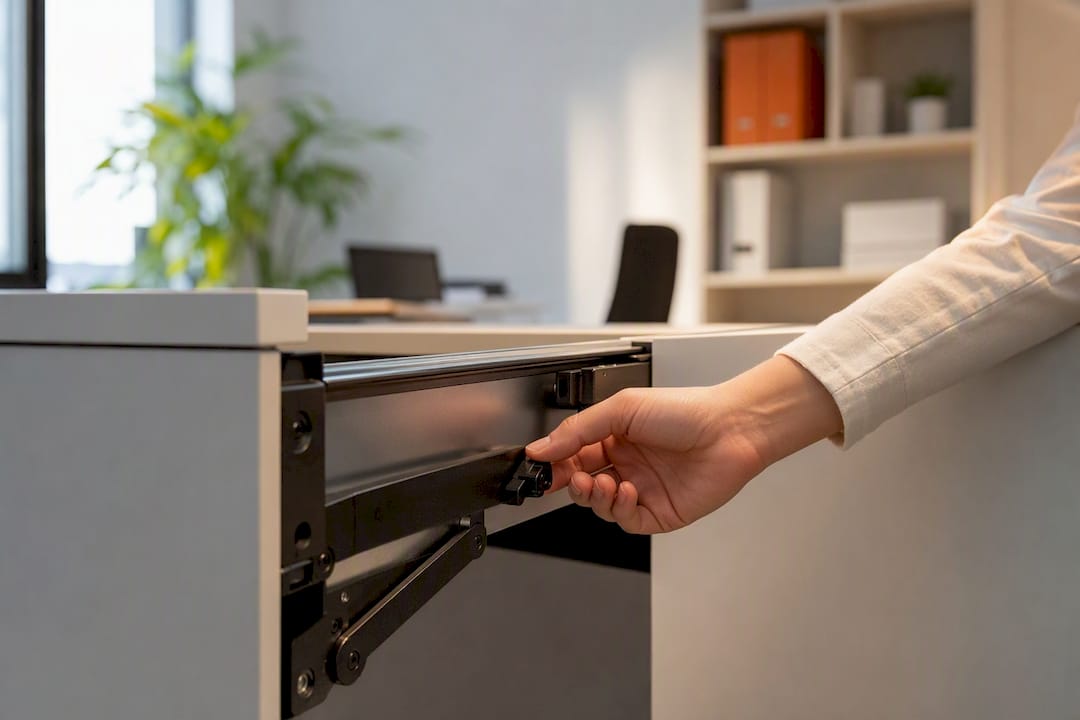 Hand engaging filing cabinet anti-tilt interlock