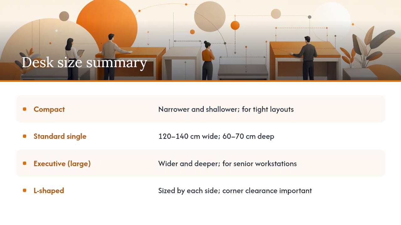 Comparison chart of UK desk sizes by width and depth