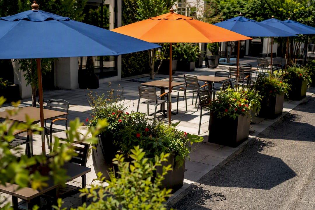 Outdoor cafe tables and clear pedestrian path