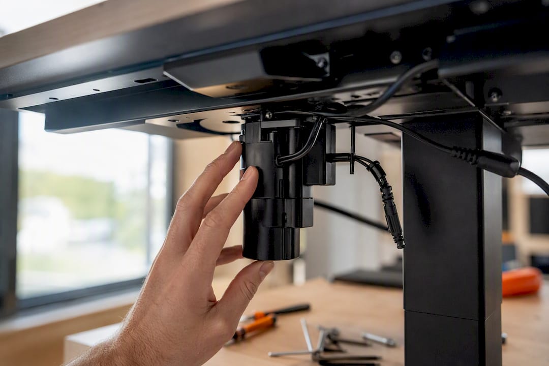 Hand inspecting desk motor wiring close-up