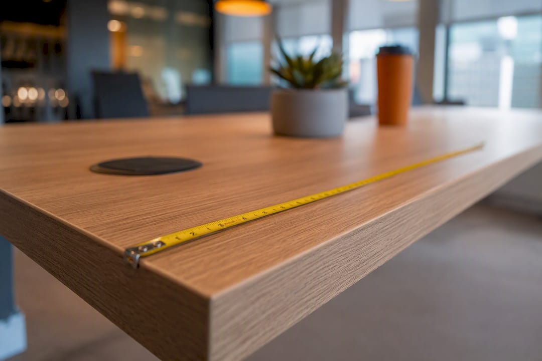 Close-up of conference table depth measurement