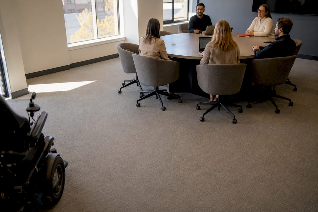 Meeting room floor clear for wheelchair access