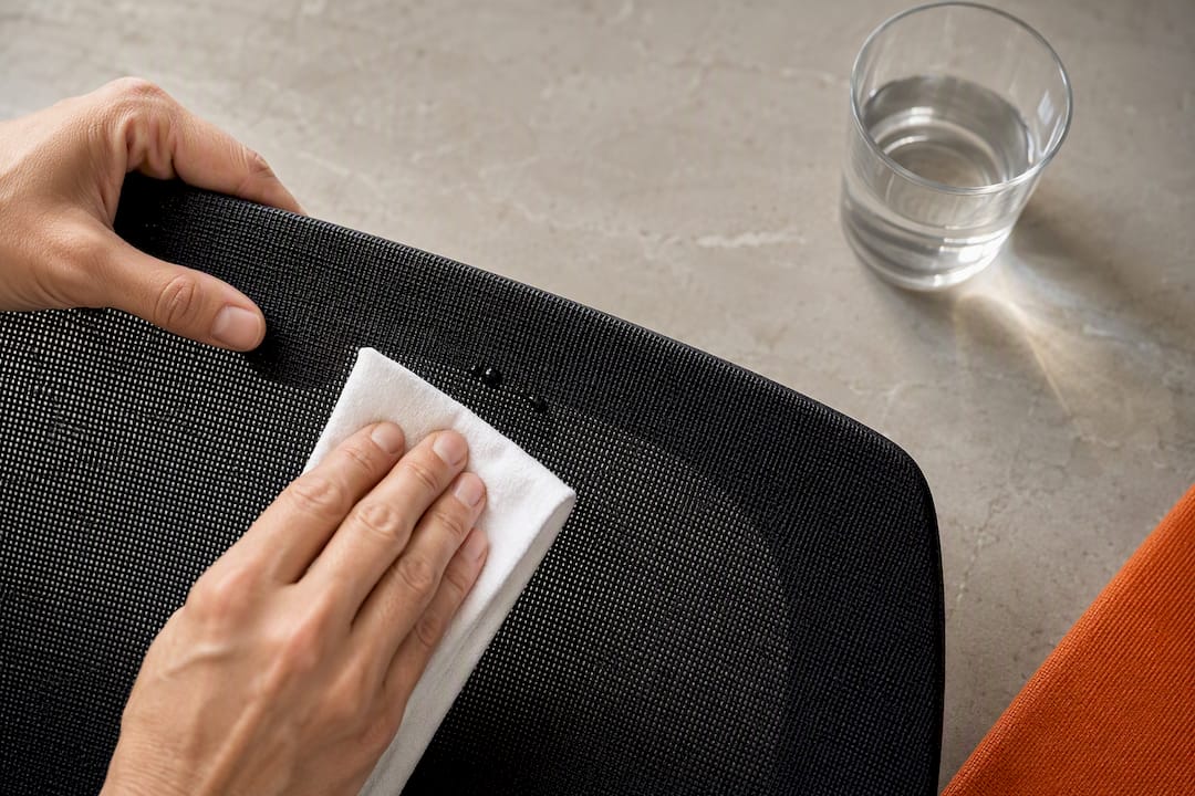 Cloth blotting a stain from mesh
