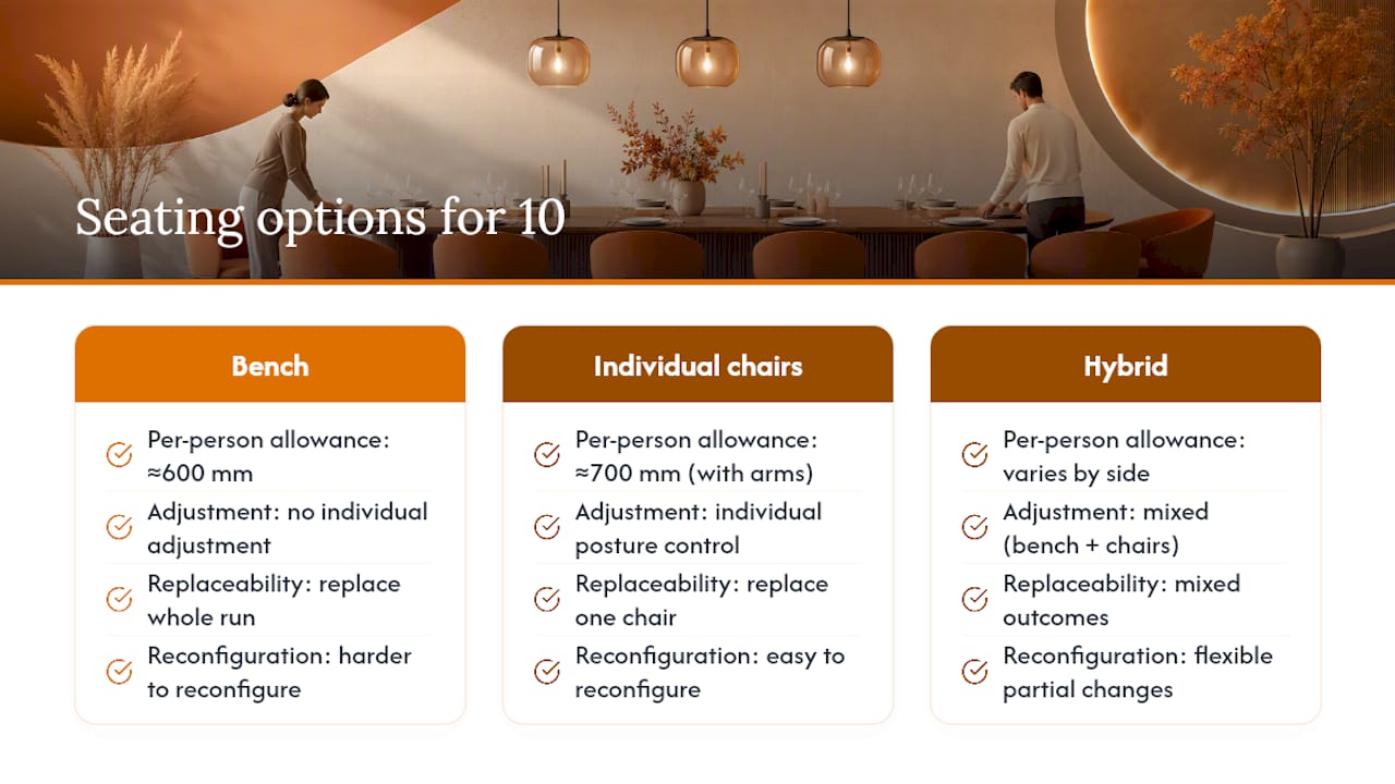 Bench seating or individual chairs: which suits 10 people better? — overview diagram