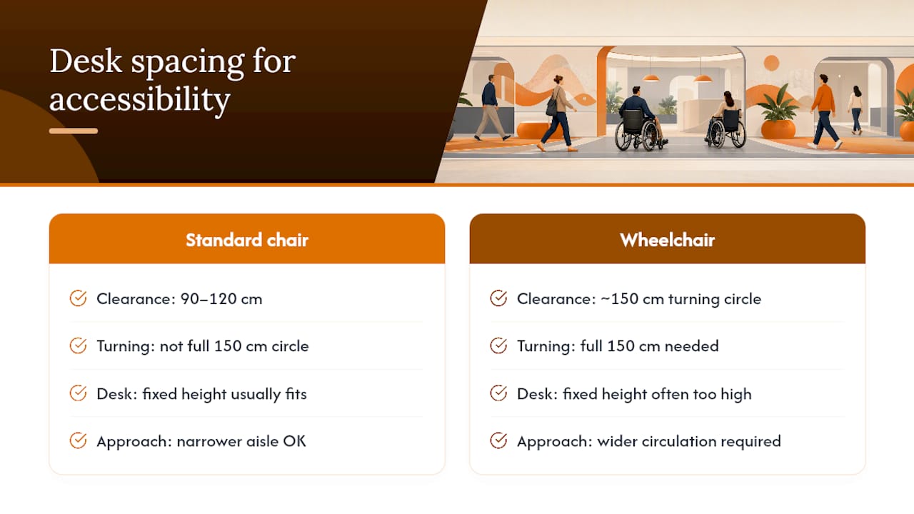Wheelchair turning circle compared with desk clearance