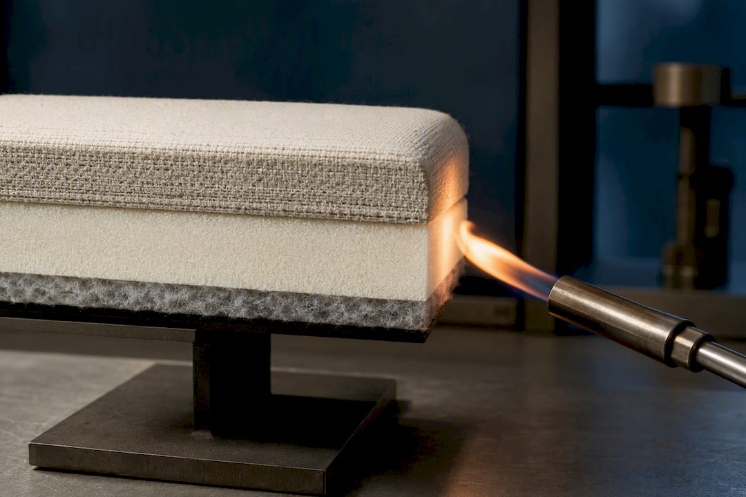 Layered upholstery composite fire test illustration
