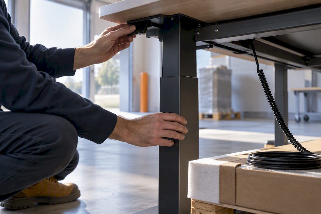 Hands inspecting meeting table frame