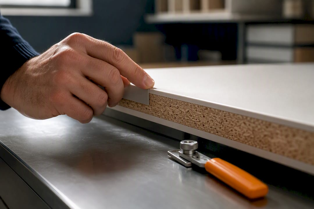 Close-up of tabletop edge banding layers