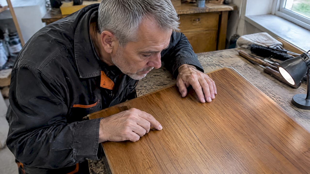 Fine parallel cracks visible in checked wood veneer