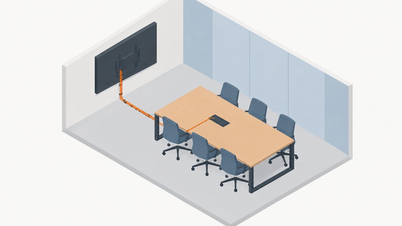 Meeting table with safe screen cable routing