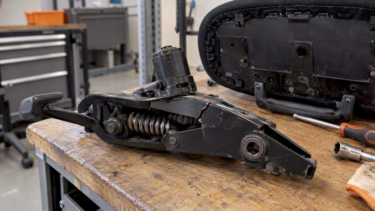 Cracked office chair tilt mechanism on workbench